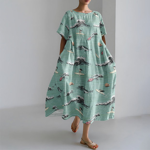 Cross-border Foreign Trade Summer Fashion All-match Round Neck Lotus Leaf Sleeve Long Dress Elegant Loose plus size Printed Long Dress for Women