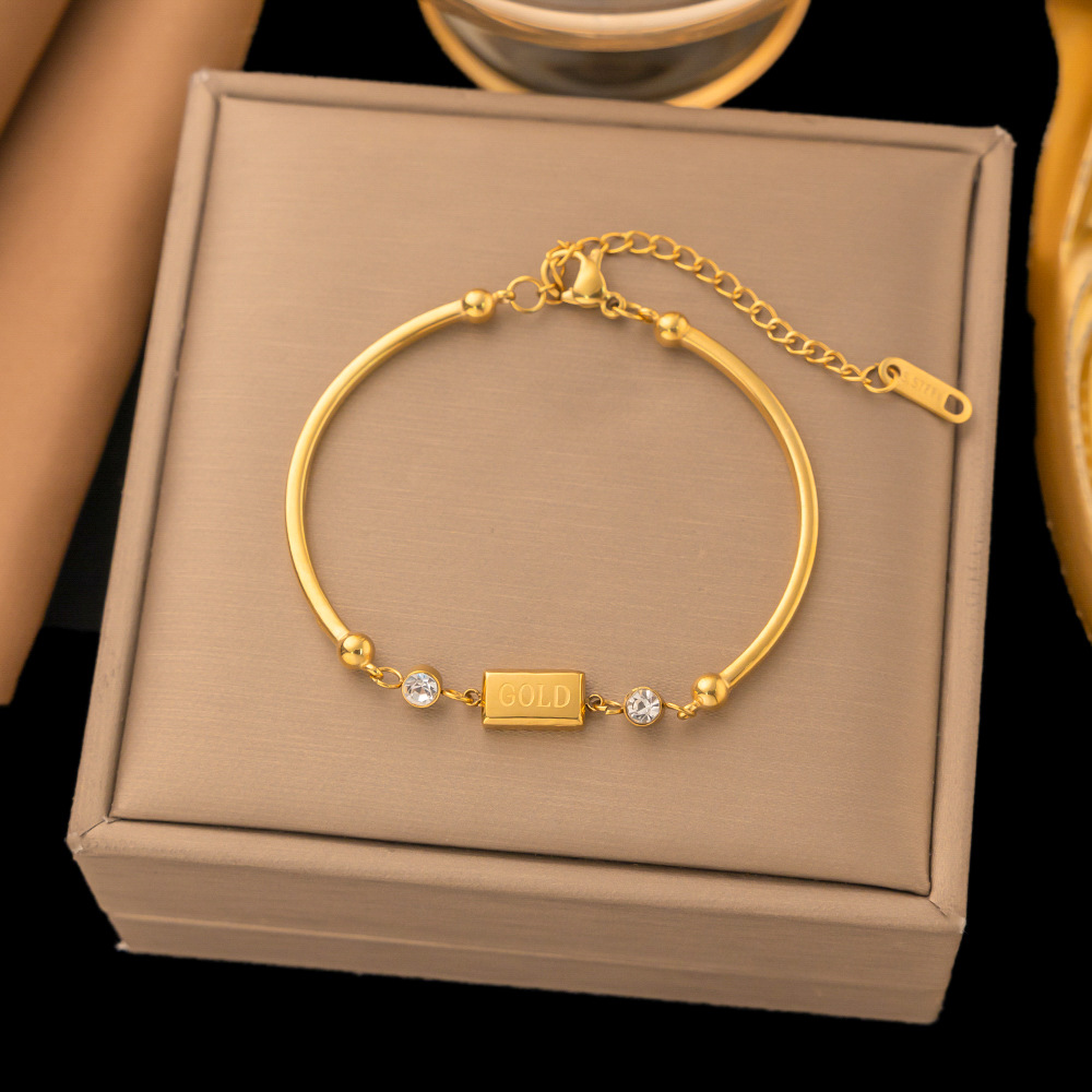 Stainless Steel Electroplated 18K Gold Non-Fading Good Luck and Wealth Small Gold Brick Bracelet Curved Tube Diamond Women's Accessible Luxury Hand Jewelry