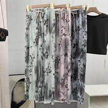 新款冰丝螺纹九分阔腿裤女式夏季宽松休闲水墨风印花弹力松紧女裤