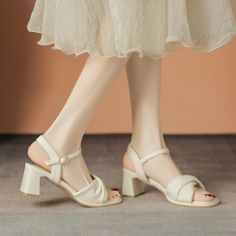 Sandal cao gót nữ quai ngang mũi vuông gót vuông kiểu Pháp — BL376 màu be