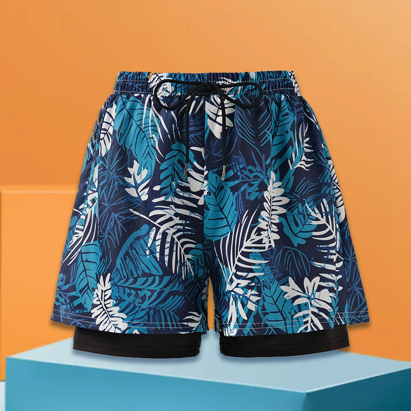 더블 레이어 블루 수영 트렁크(방수 가방 포함)