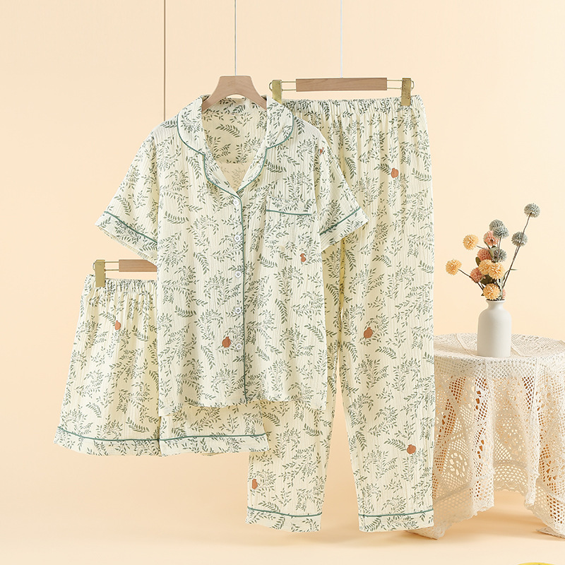 Pajamas Women's Spring and Summer Double-layer Cotton Yarn Soft Short-sleeved Trousers Shorts Home Clothes Loose plus size Home Clothes