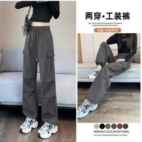 Women's Thin High-Waisted Drawstring Ankle-Hiking Pants, Ice Silk Quick-Dry Work Trousers, American Harem Sport Pants