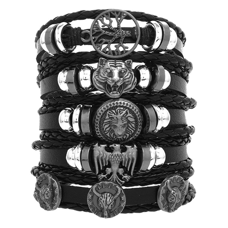 Moda cráneo pulsera de cuero traje de los hombres ajustable DIY cuero bobinado pulsera de múltiples capas pulsera de cuentas