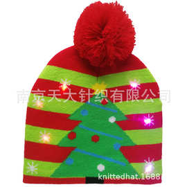 冬季发光针织帽 LED六灯 条纹 圣诞帽 无折边 圆机提花 配套围巾