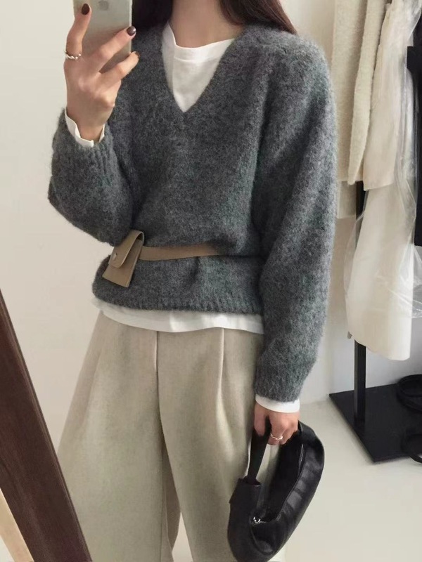 韩系慵懒感纯色V领毛衣秋季新款宽松时尚针织衫长袖简约针织上衣|undefined