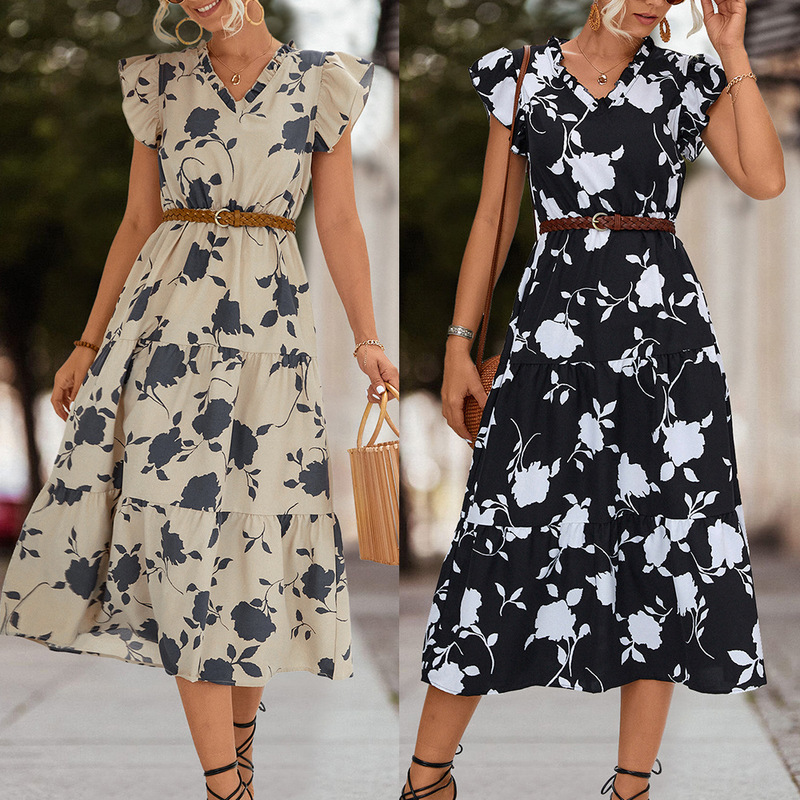 Spring and Summer 2023 New ebay Amazon Hot Independent Station Explosions Cross-border V-neck Printed Flying Sleeve Dress