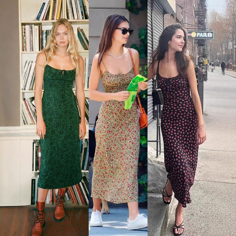 19mm Silk Crepe Camisole Dress Mulberry Silk French Vintage Floral Asymmetrical Cut Vacation Long Dress