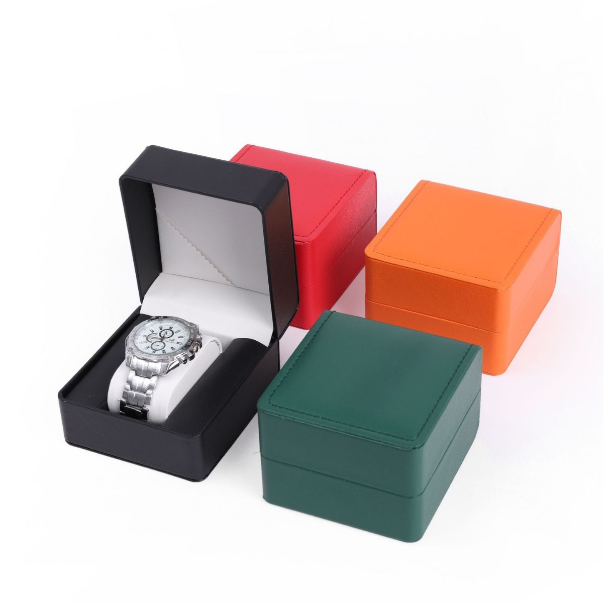 Nueva caja de exhibición de reloj con patrón de lichi con tapa abatible de alta gama, caja de embalaje de reloj de almohada de regalo de vacaciones, caja de almacenamiento al por mayor