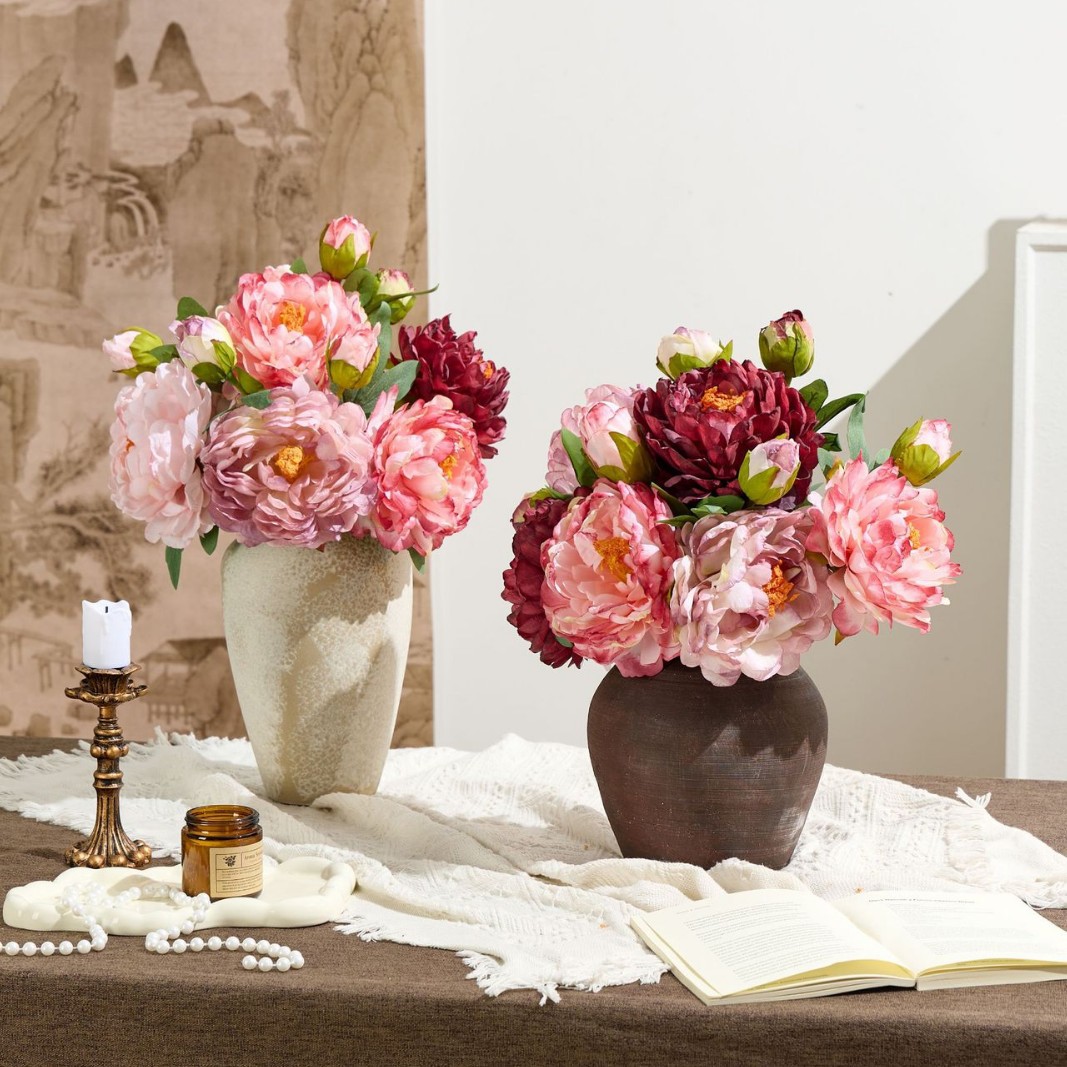 Borde quemado peonía flor artificial pintura al óleo vintage borde horneado peonía Flor de seda interior sala de estar decoración del hogar Accesorios de fotografía