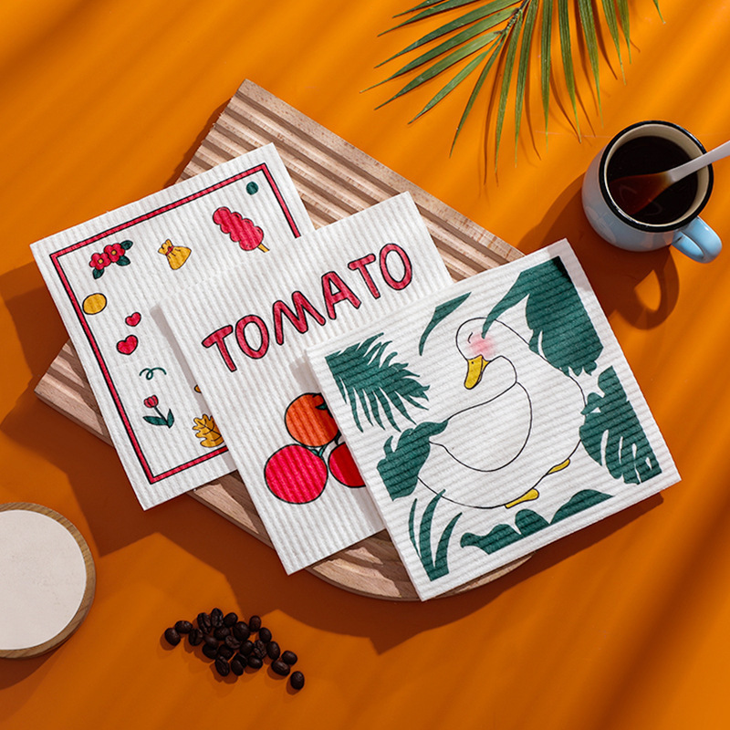 German Wood Pulp Cotton Pot Washing Cloth Printed Rag Wet and Dry Wood Pulp Sponge Dishwashing Rag Kitchen Cleaning Rag