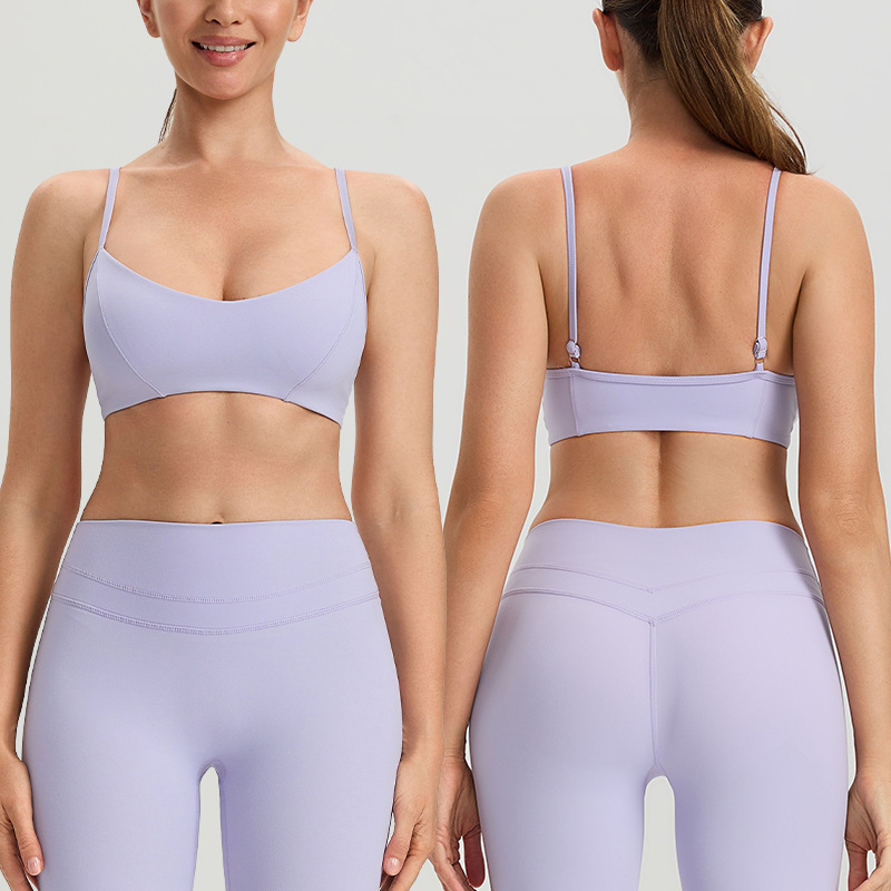 Women's sports bra with thin adjustable straps, padded, backless design, high elasticity, breathable, suitable for Pilates and fitness