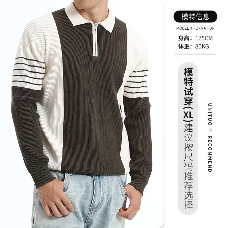Cross-border hombre otoño invierno medio cremallera suéter de solapa hombre de negocios ocio rayas contraste polo suéter de punto