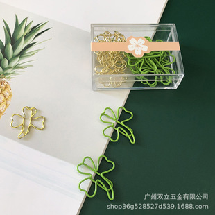 Lucky Clover Paper Clip Exquisite Acrylic Boxed Cartoon Metal Paper Clip Wholesale Golden Green Mix