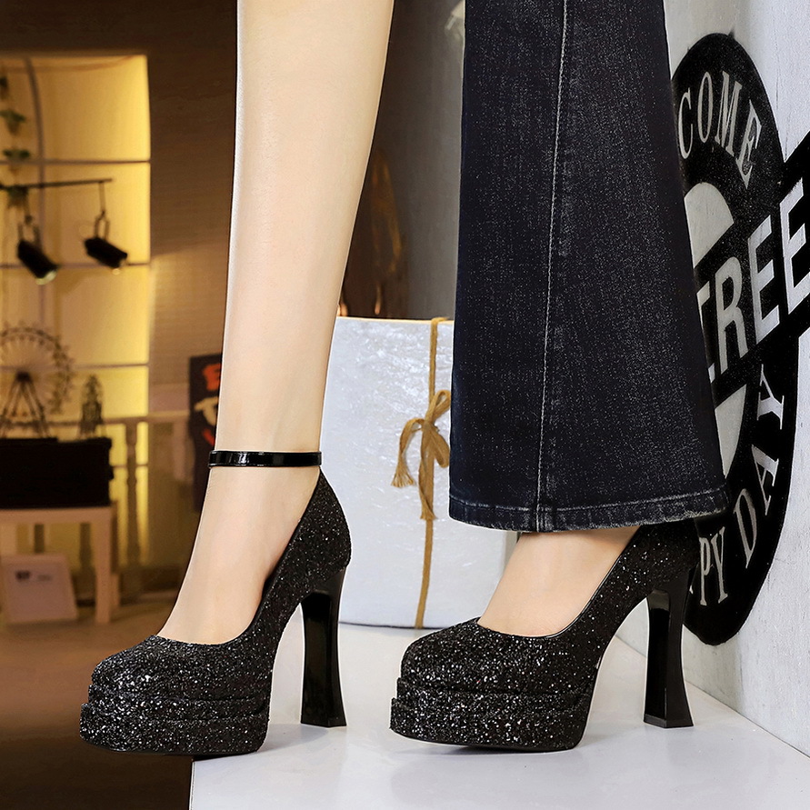 8325 European And American Style Single-strap High-heeled Shoes, Ultra-high Thick Heel, Sequined Shallow Round Toe,_voghion.com