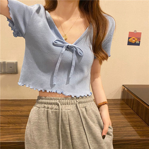 Korean style slimming V-neck Korean style short top for women with design sense for summer hot girl bm style white short-sleeved T-shirt