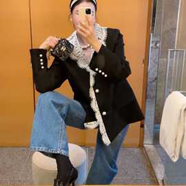 现 2026春季新款韩国东大门珍珠扣蕾丝花边V领西服西装外套