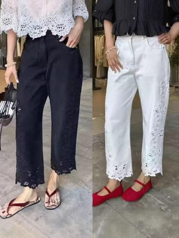 南油高版本女装法式重工花卉镂空刺绣九分弯刀裤显瘦松紧腰牛仔裤|undefined