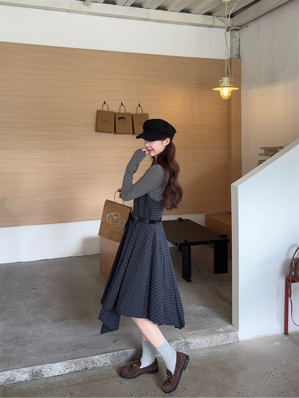 法式复古不规则格子吊带连衣裙长袖T恤女2025秋季新款时尚套装ins|undefined