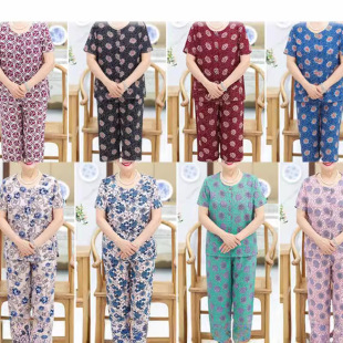 2-169/13 Women's Suit Summer Short-sleeved T-shirt Color Stretch plus size Middle-aged and Elderly Mothers Pack Ice Silk Two-piece Thin