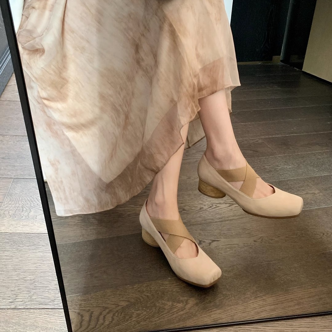 High-End Cowhide Version ~ Pig Nose Square Toe Color Polished Retro Mary Jane Cross-Strap Thick Heel Ballet Shoes