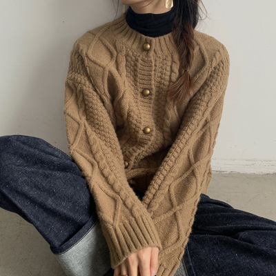 韩系复古麻花针织开衫女2025秋冬新款慵懒风宽松外套加厚粗线毛衣|undefined