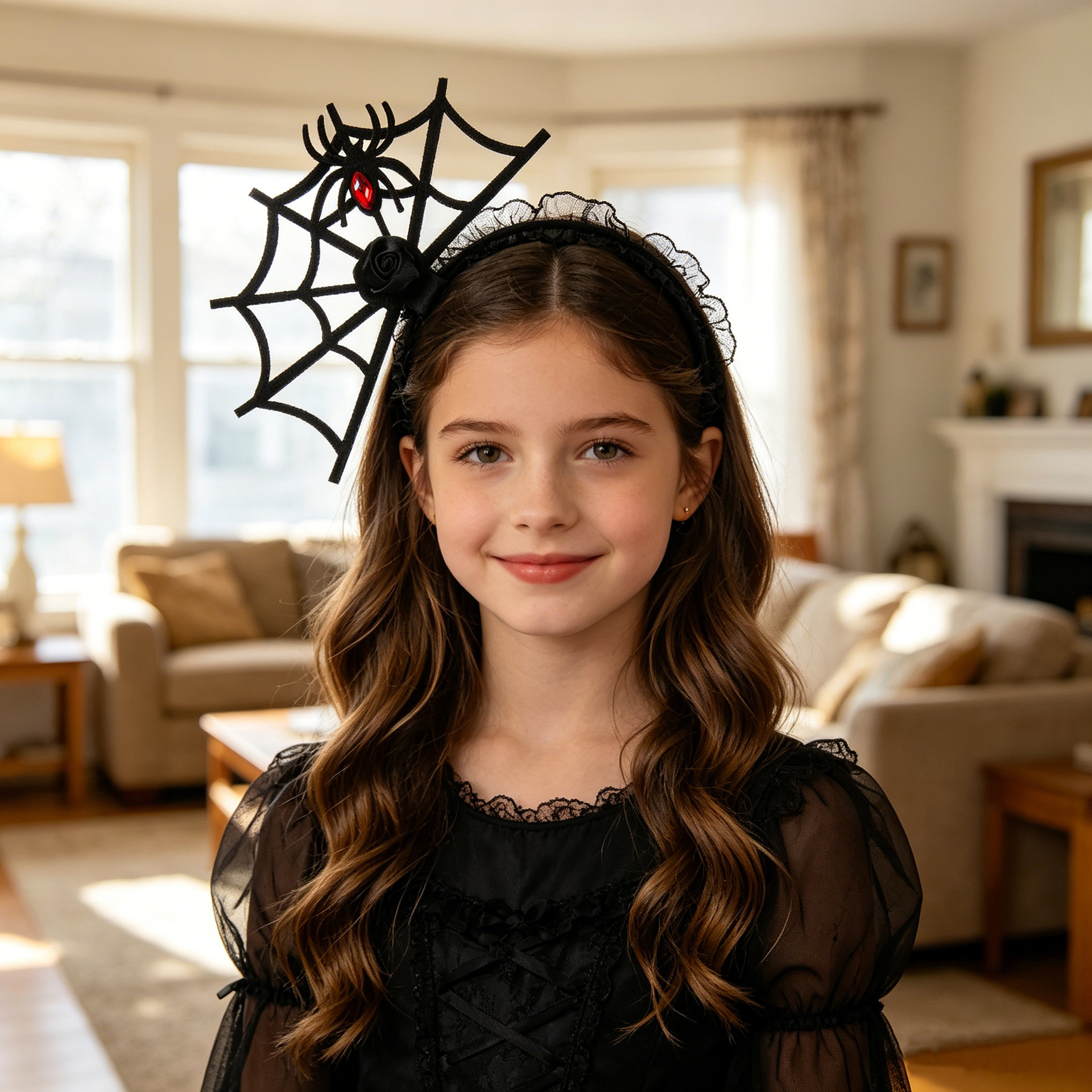 Halloween tela de araña tema de cabello negro tela de araña cabello vestido espectáculo calabaza cabello gato negro