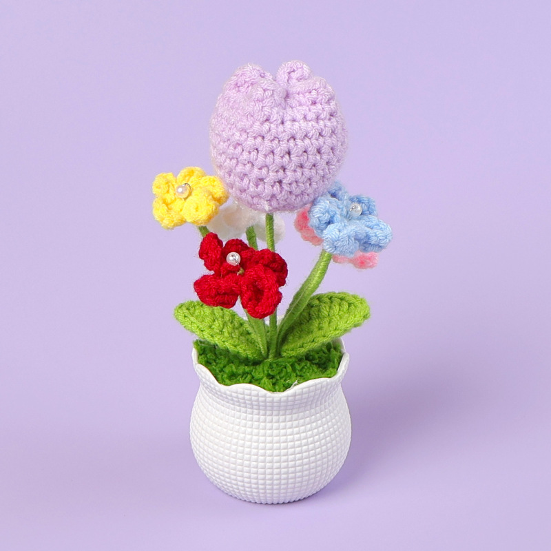 完成したウールの花、模擬花、ひまわり、小さな鉢植え、車載用家庭用緑の植物、チューリップの装飾品、デスクトップ装飾|undefined