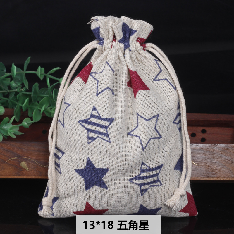 Ventas calientes de impresión de paquetes de cuerda de dibujo bolsas de impresión logotipo de lino bolsa de tela para el medio ambiente bolsa de almacenamiento de artículos 13 * 18