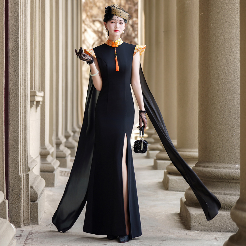 Black Chinese Style Cheongsam, Extra Long and Elegant Cape Sleeves, High Slit, Retro Republic of China Style Banquet Dress Wholesale