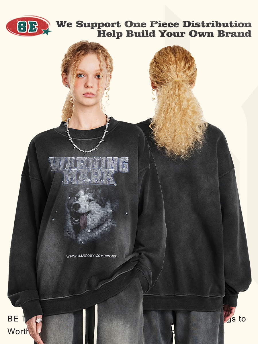 BE ropa de hombre | 2025 otoño adolescente suelto americano retro calle principal estampado animal cuello redondo suéter para hombre