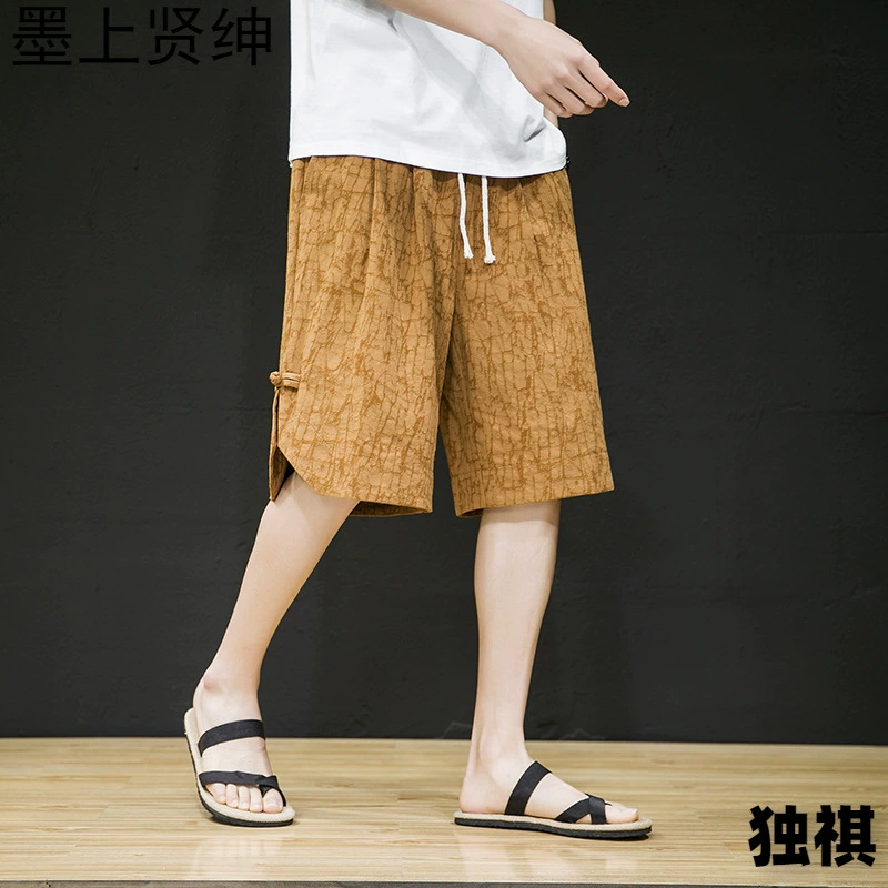Летний новый китайский стиль мужской одежды кора морщинистая ткань застежка дизайн шорты повседневная мода большой размер