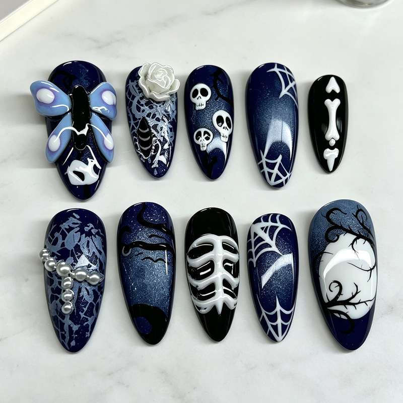 30 pieces of cross-border dark 3D deep blue butterfly almond-shaped press-on nails with hand-painted skull, rose, and pearl designs