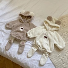 冬季毛绒绒爬服包庇长袖韩版连体衣连帽珊瑚绒小熊婴童现小熊柔软