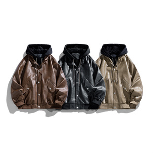 Spring and Autumn New Hooded Fake Two-Piece Pu Leather Jacket Men's Cycling Motorcycle Leather Jacket Men's American Street Retro Nostalgic Leather