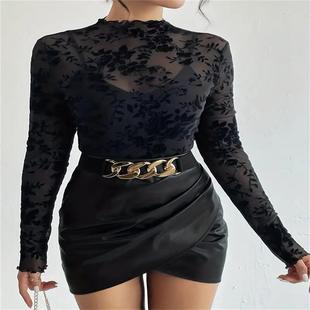 Spring/Summer 2024 Cross Border Lace Flocking Flower Pattern Ruffled Lace Shirt
