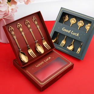 S Vintage Stainless Steel Hollow-out Embossed New Year Dessert Spoon Fork Stirring Spoon Golden Creative ins Style Coffee Spoon