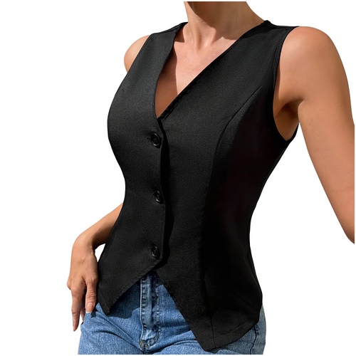 Summer European and American V-neck sleeveless vest top with buttons, temperament, fashion and trend.
