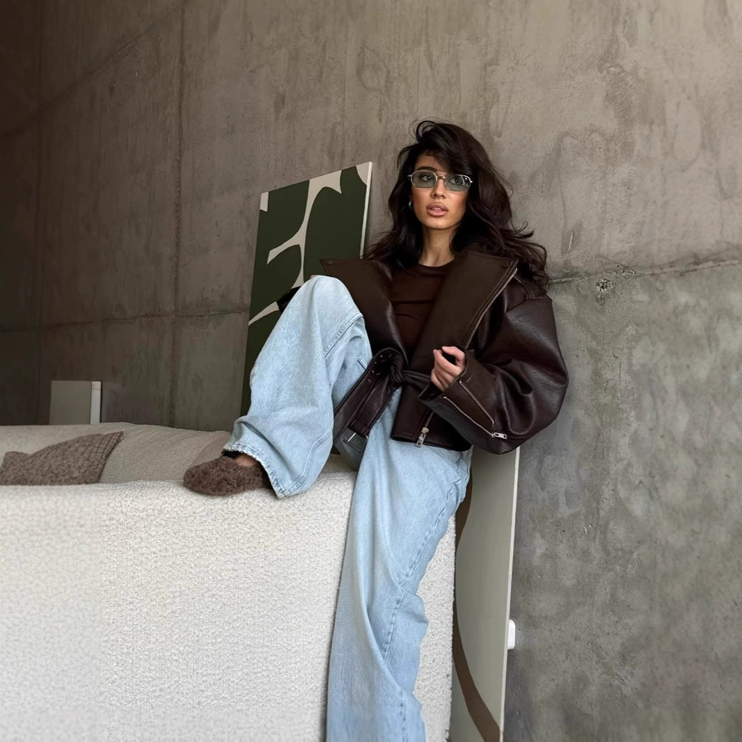 高级感短款美式宽松带腰带女士外套机车服皮衣跨境欧美2025新款