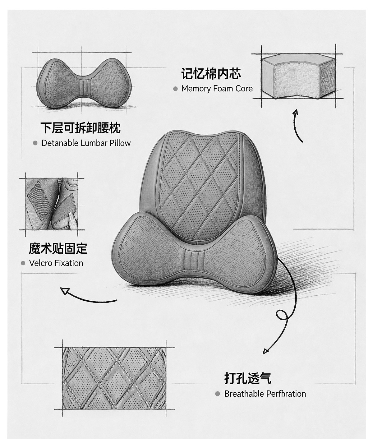 Cross-border new car lumbar support, made of perforated Nappa leather for breathability, with a removable hip pad, designed for long periods of sitting and providing back support