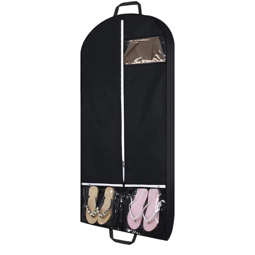 Black polyester clothes dust bag multiple transparent pockets clothing storage bag with side circumference suit cover