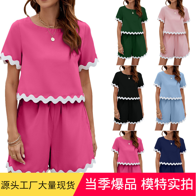 European and American Cross-border Women's Clothing Amazon AliExpress 2024 Spring and Summer New Comfortable Casual Solid Color Short-sleeved Shorts Set European and American Cross-border Women's Clothing Amazon AliExpress 2024 Spring and Summer New Comfortable Casual Solid Color Short-sleeved Shorts Set