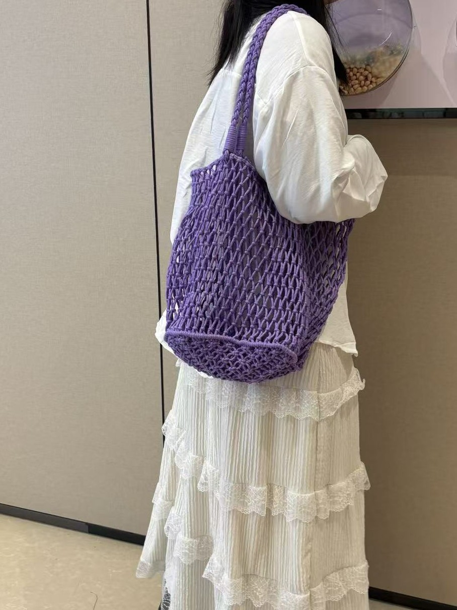 New Cotton Rope Shoulder Tote Bag, Niche Design, Large Capacity, Hollow Mesh Bag, Beach Vacation Leisure Bag