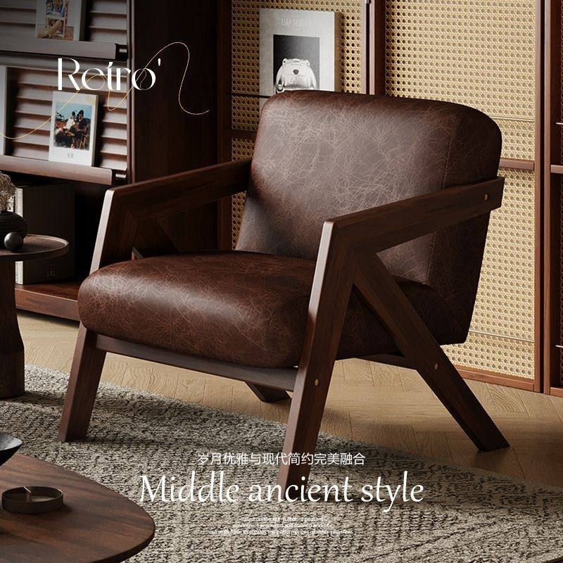 Medieval Style Genuine Leather Richard Chair Single French Living Room Balcony Leisure Chair Solid Wood Designer Lazy Sofa Chair