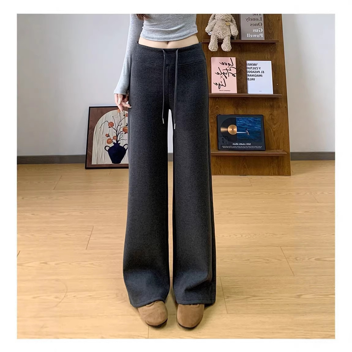Fleece-Lined Wide-Leg Pants for Women, New Autumn and Winter Casual Pants, High-Waisted American-Style Slimming Straight-Leg Floor-Length Pants, Lazy Style