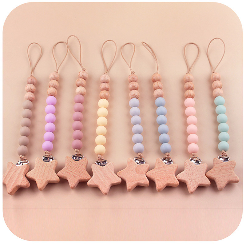 SHIEN bebés estrellas cadena de tetas de madera de haya de silicona cadena de dientes de mordida de bebé cadena de dientes de mordida anti-perdida