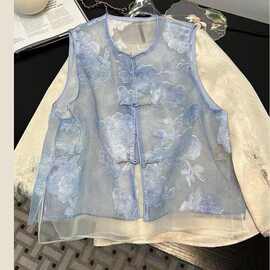 轻薄夏款新中式国风真丝欧根纱马甲背心女士重工刺绣叠穿马夹外搭