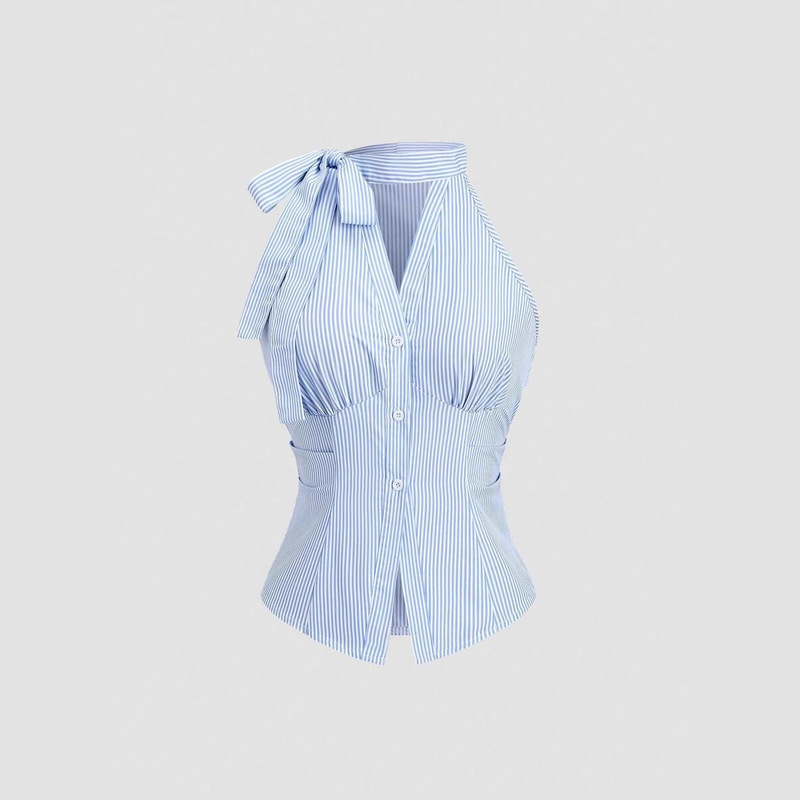 Pure Desire Hot Girl Striped Sleeveless Halter Shirt Women's Summer Design Niche French Waist Slimming Short Top Pure Desire Hot Girl Striped Sleeveless Halter Shirt Women's Summer Design Niche French Waist Slimming Short Top