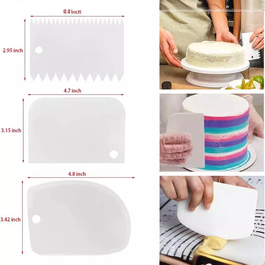 Suministro directo de fábrica raspador de color crema de tres piezas de plástico raspador cortador de pastel durable y fácil de limpiar
