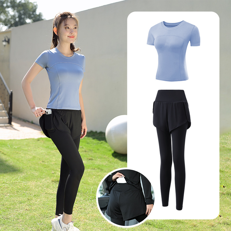 Trajes de yoga para mujeres de verano para correr ropa deportiva suelta rápida ropa seca bolsillo para correr trajes de mujeres de la mañana para correr comercio exterior